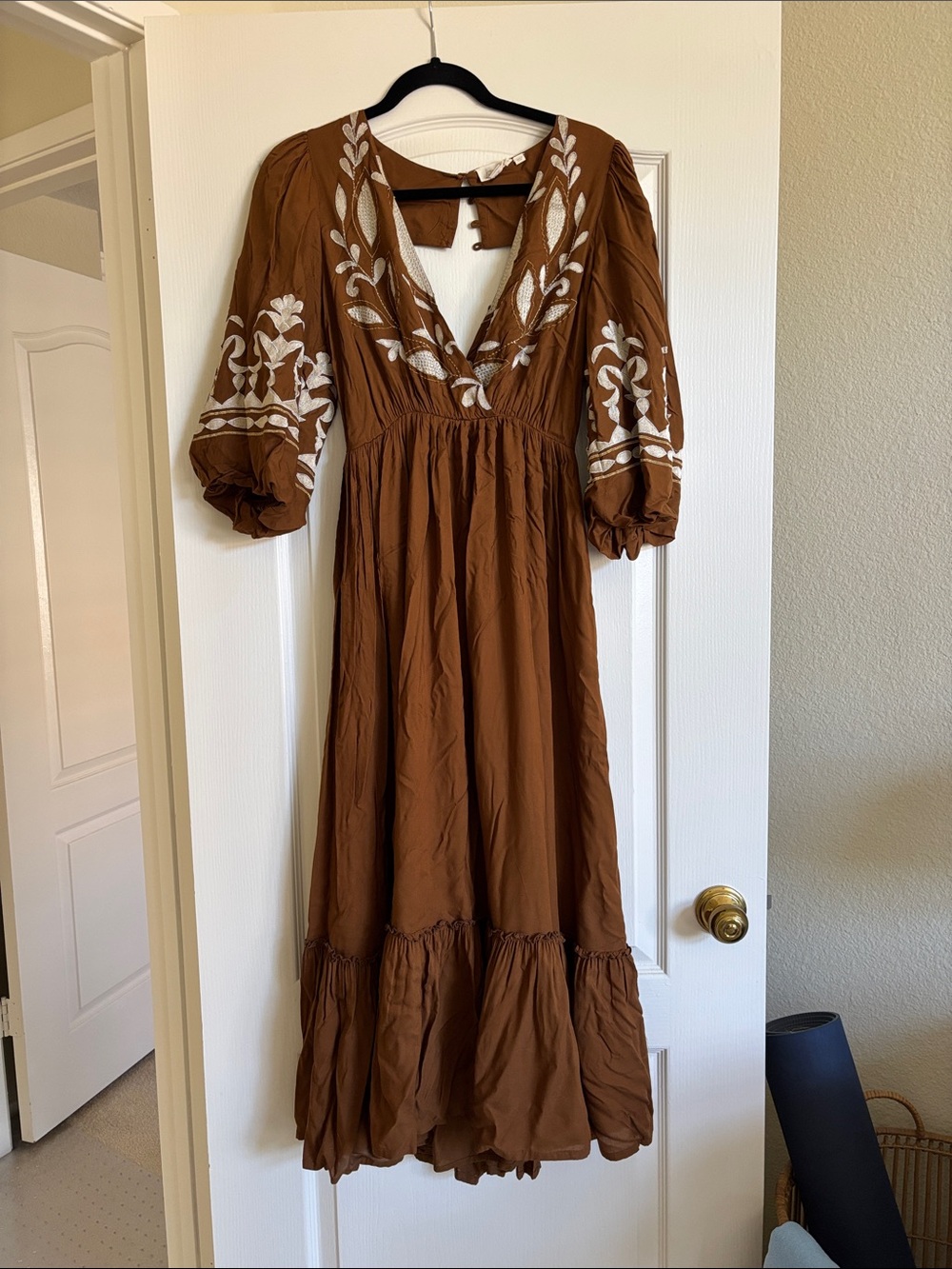 Anthropologie Brown Embroidered V-Neck Maxi Dress